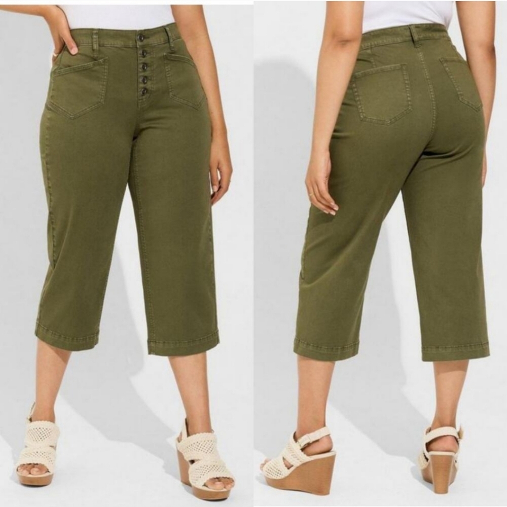 Torrid Women's Exposed Button Fly Wide Leg Cropped‎ Twill Pants Green Size 26